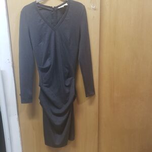 Nicole Miller Charcoal Gray Bodycon 3/4 Sleeve Tidal Pleat Dress Sz Medium EEE